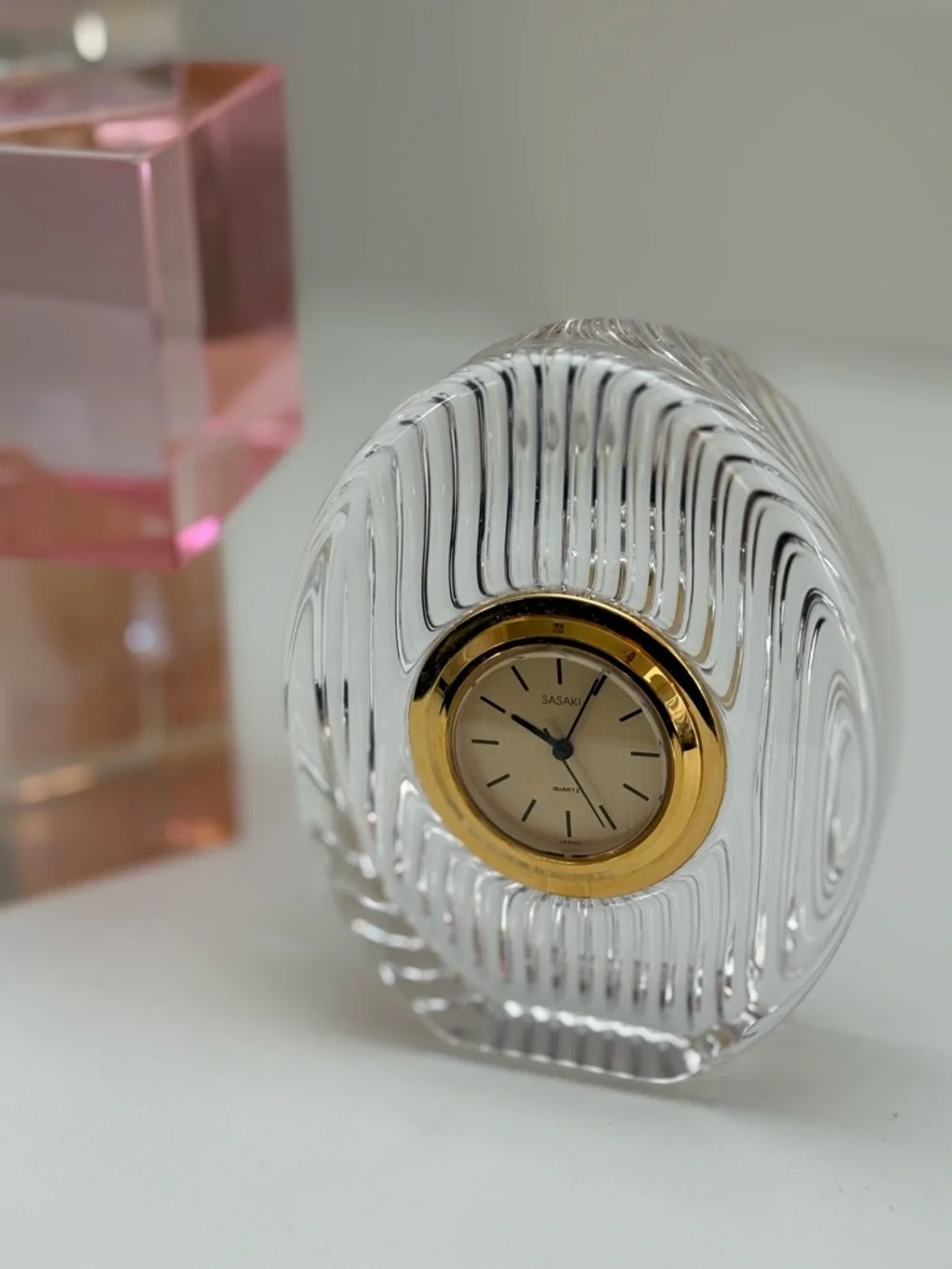 Vintage Sasaki Clear Crystal Quartz Desk Clock with Gold Accents